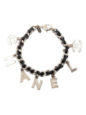 Chanel CC Logo Bracelet Silver Black Metal Leather